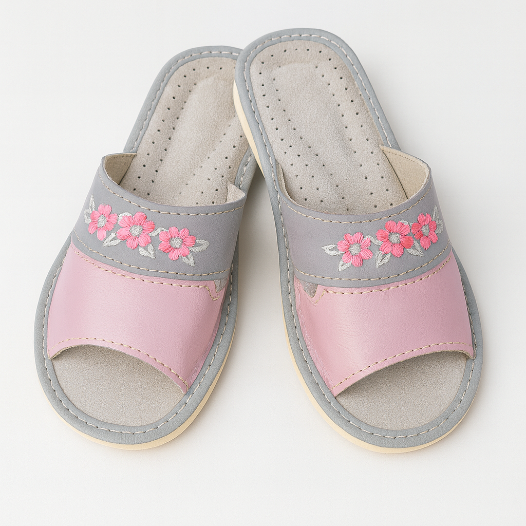Pantoufles cuir rose gris bout ouvert