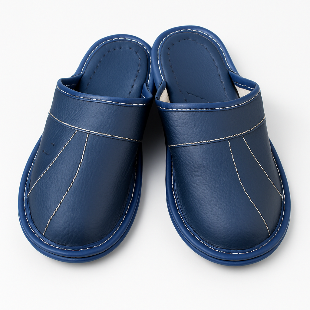 Pantoufles cuir bleu nuit