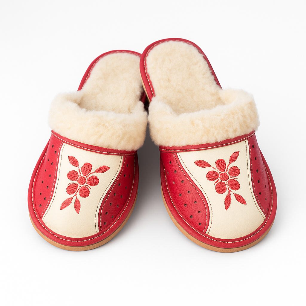 Pantoufles en cuir et laine rouge brodées