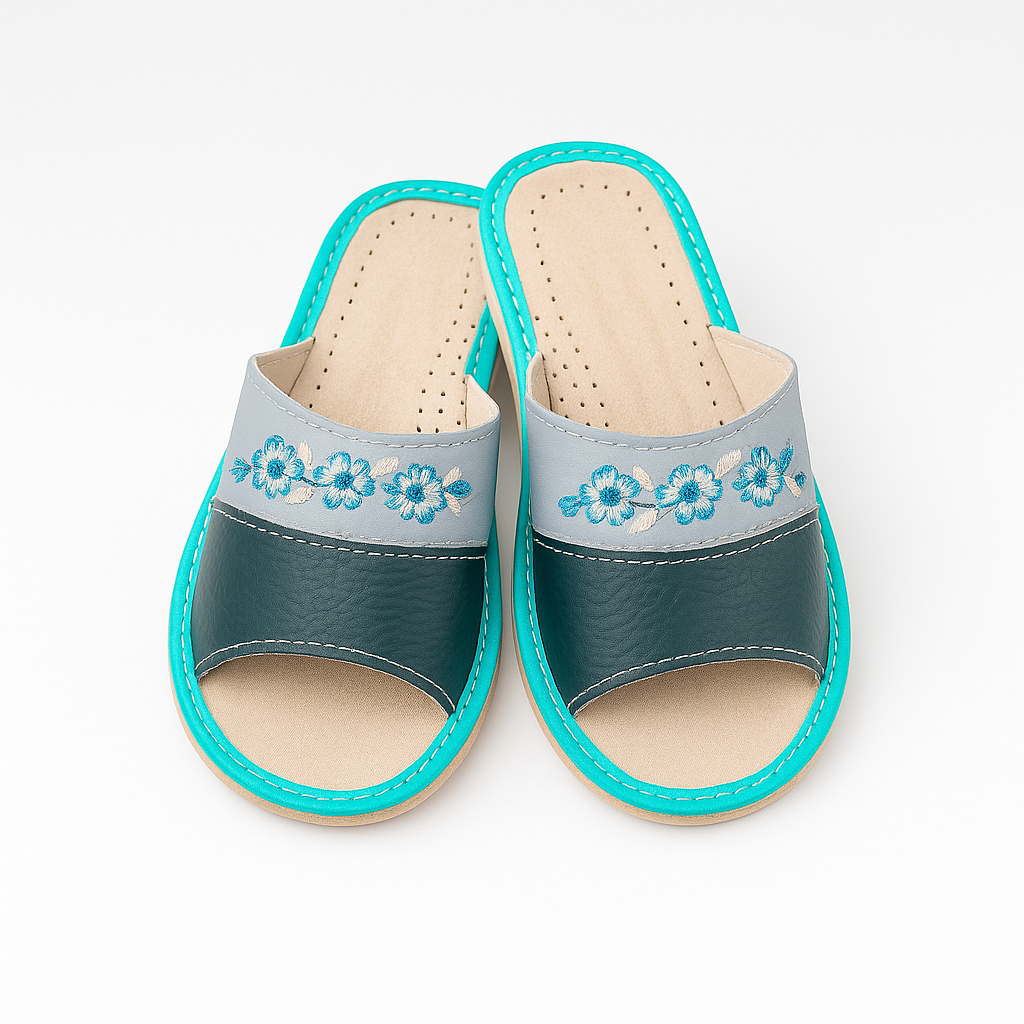 Pantoufles cuir vert bleu bout ouvert