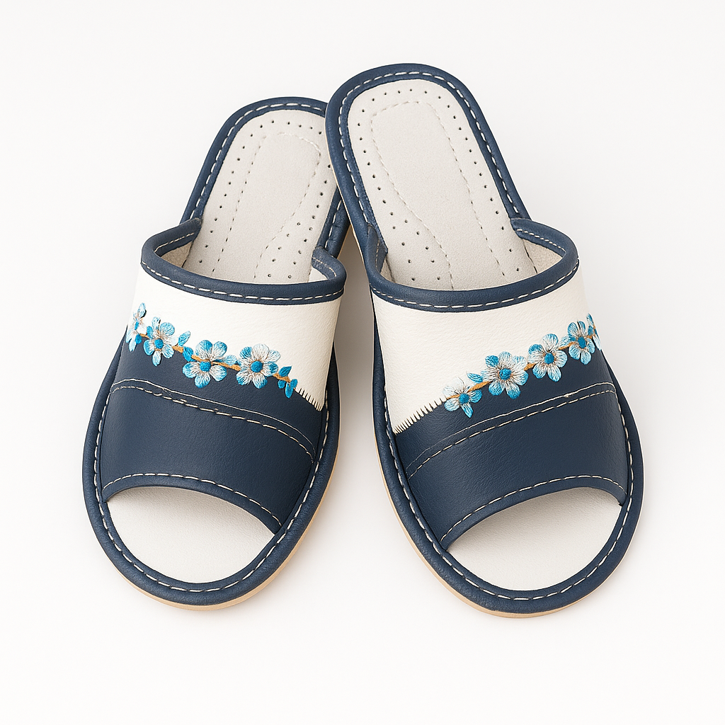Pantoufles cuir bleu bout ouvert