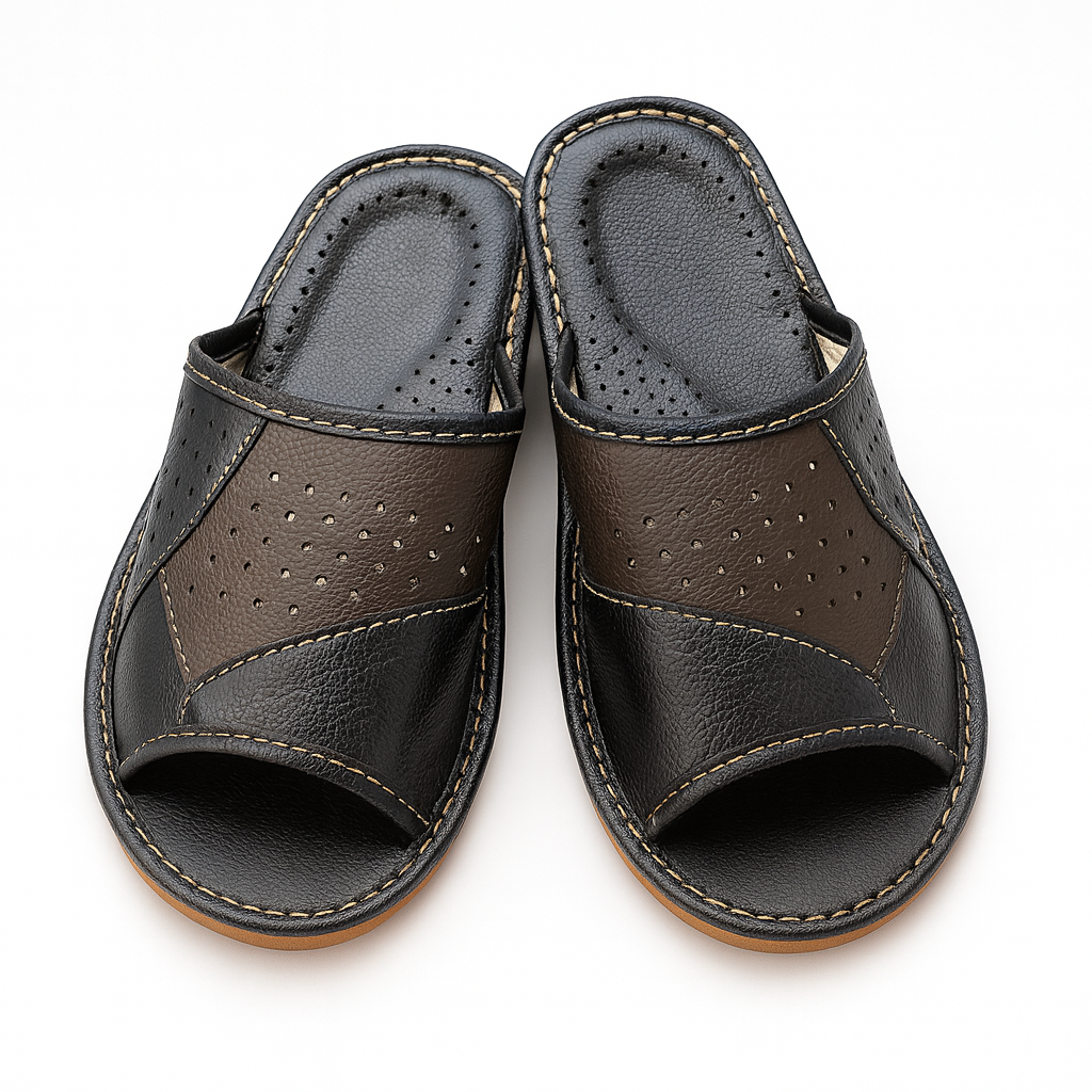 Pantoufles cuir marron noir bout ouvert