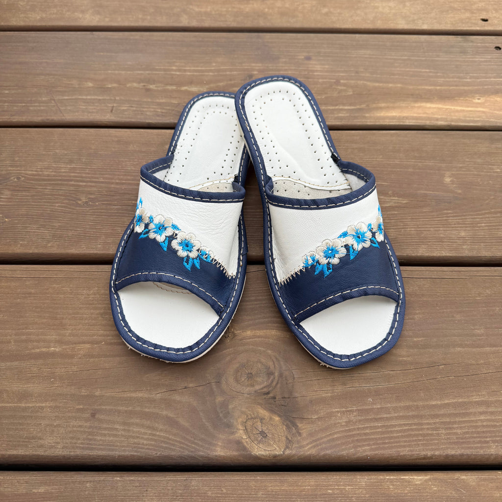 Mules femme cuir bleu bout ouvert