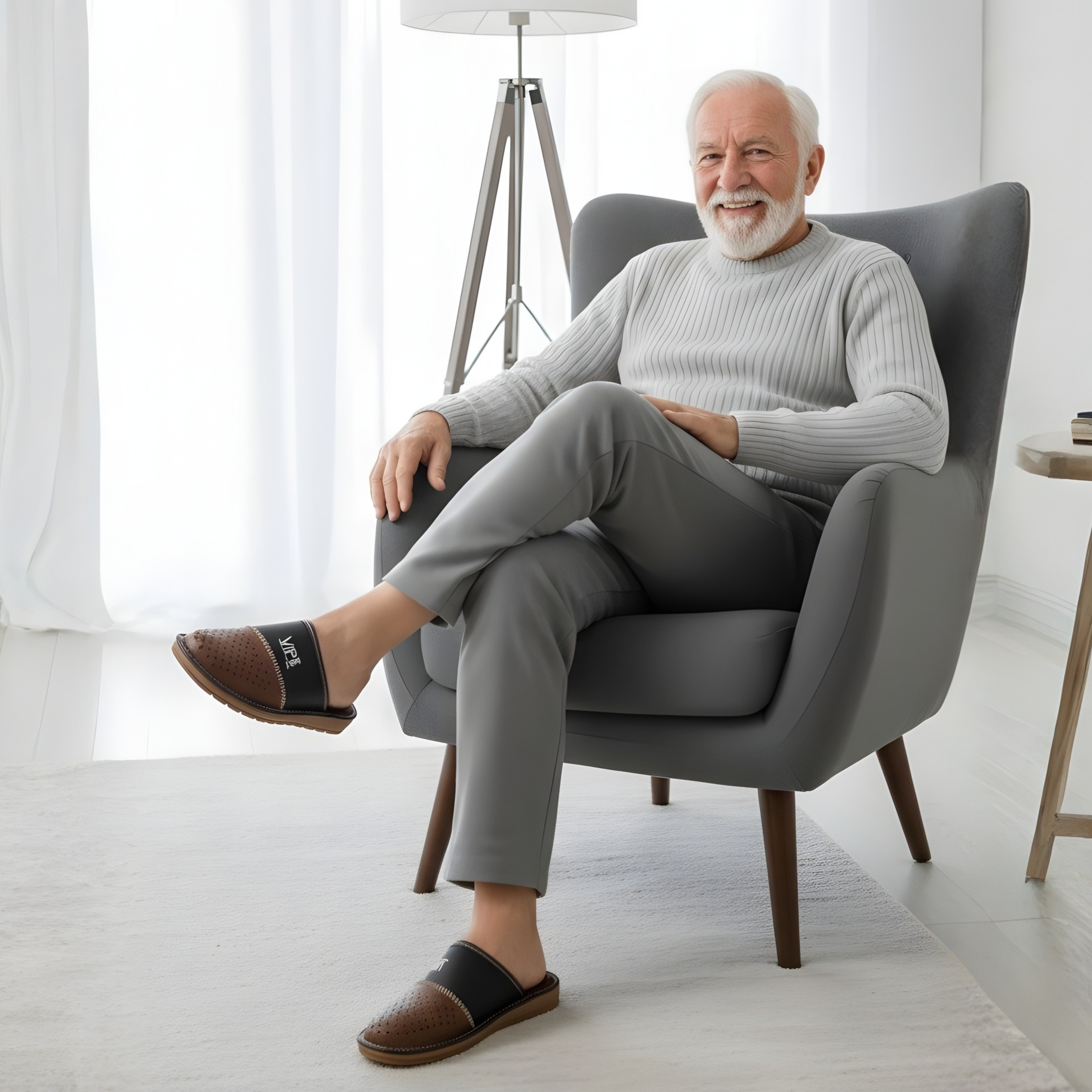Pantoufles homme cuir marron clair brodées