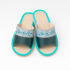Pantoufles en cuir vert bleu bout ouvert femme Labelpantoufle, mules