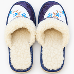 Chaussons en laine de mouton femme, cuir bleu