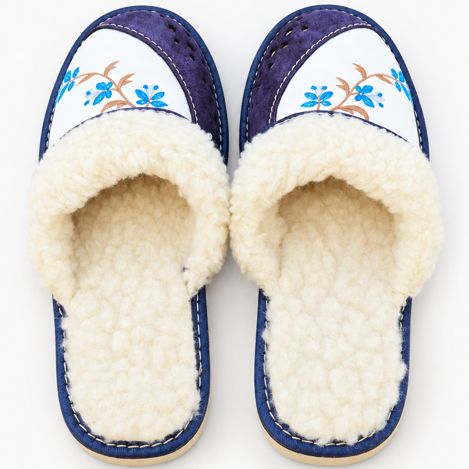 Chaussons en laine de mouton femme, cuir bleu