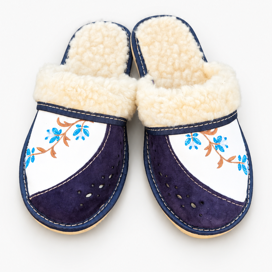 Chaussons en laine de mouton femme, cuir bleu