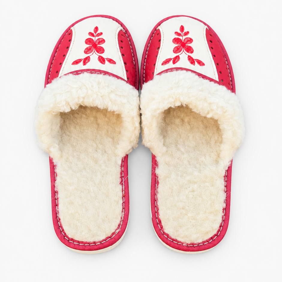 Pantoufles femme hiver en laine de mouton, brodées