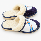 Chaussons en laine de mouton femme, cuir bleu