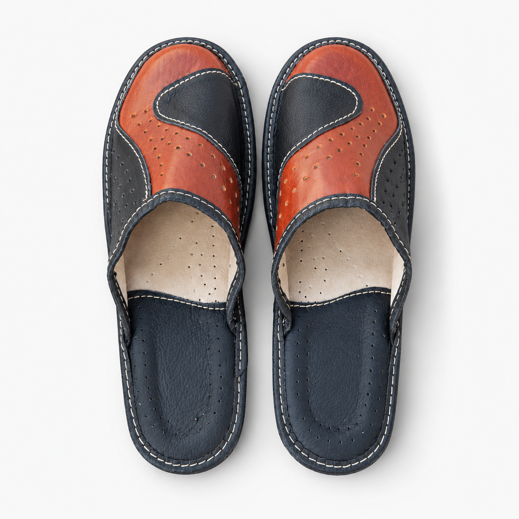 Pantoufles homme cuir bicolore marron et noir