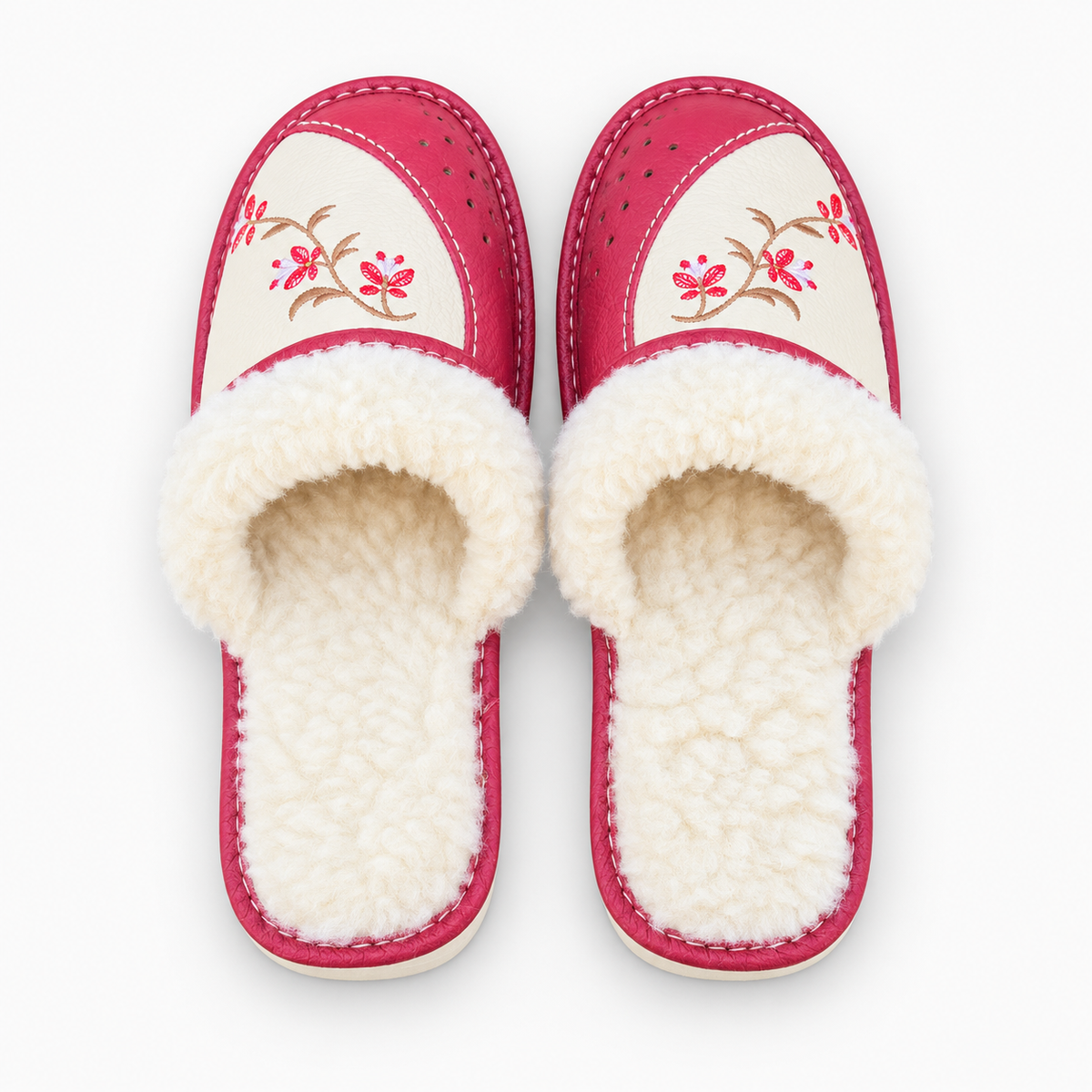 Chausson mouton femme, cuir et laine rouge