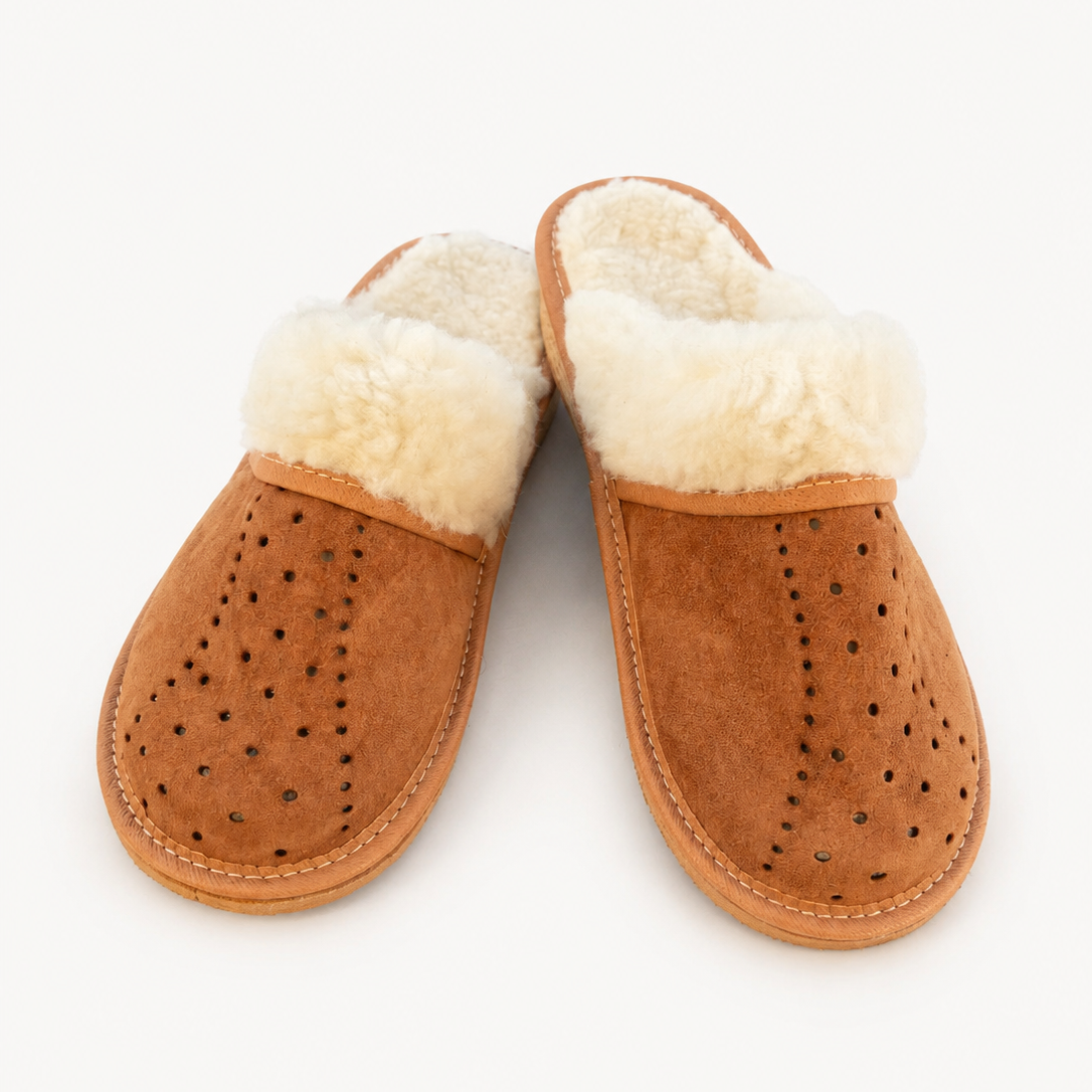 Chausson femme en mouton et daim marron, talon liège 4 cm