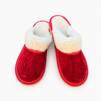 Chaussons fourrés mouton femme, daim rouge, talon liège 4 cm