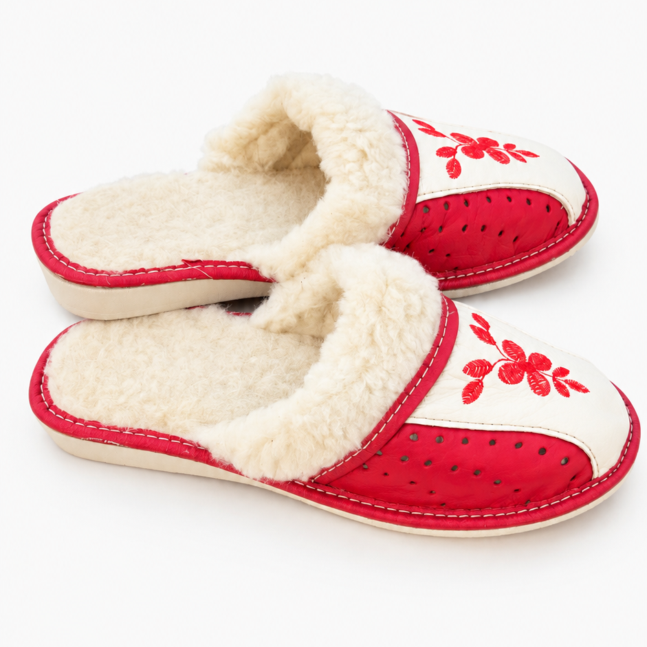 Pantoufles femme hiver en laine de mouton, brodées