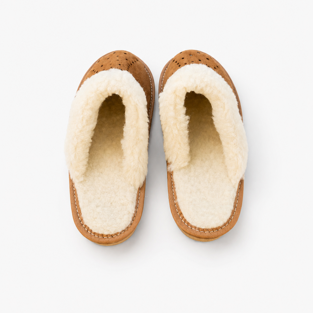 Chausson femme en mouton et daim marron, talon liège 4 cm