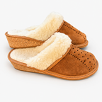 Chausson femme en mouton et daim marron, talon liège 4 cm