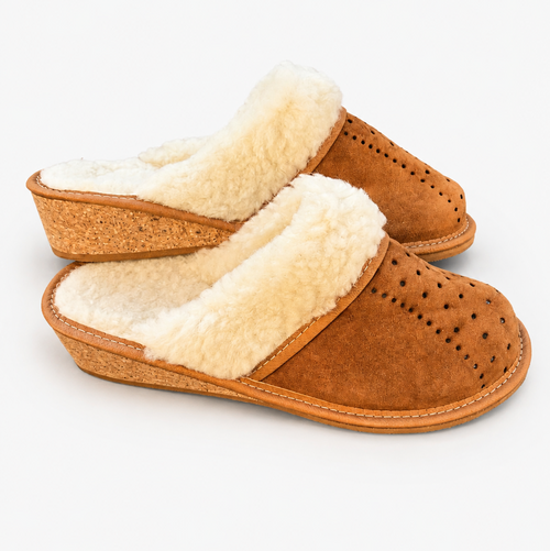 Chausson femme en mouton et daim marron, talon liège 4 cm