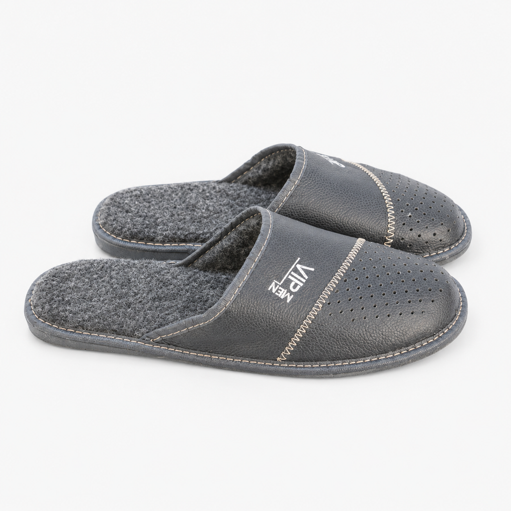 Chausson mouton homme, cuir et laine noir