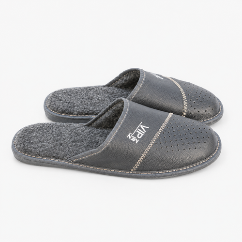 Chausson mouton homme, cuir et laine noir