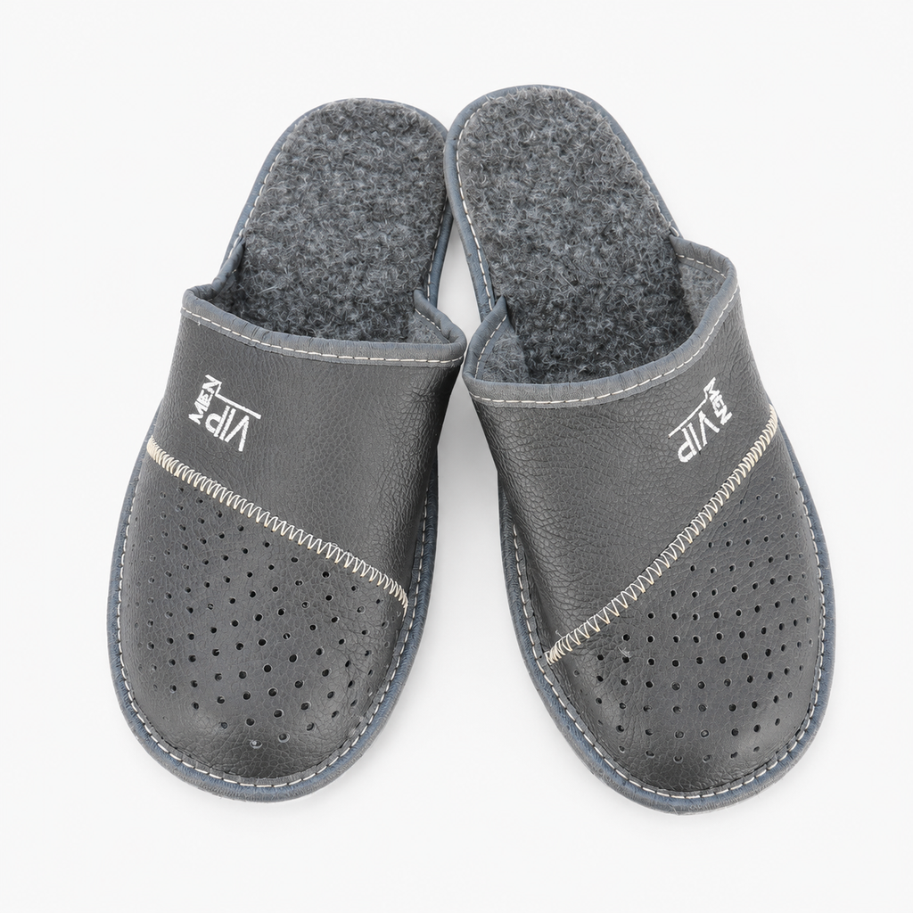 Chausson mouton homme, cuir et laine noir