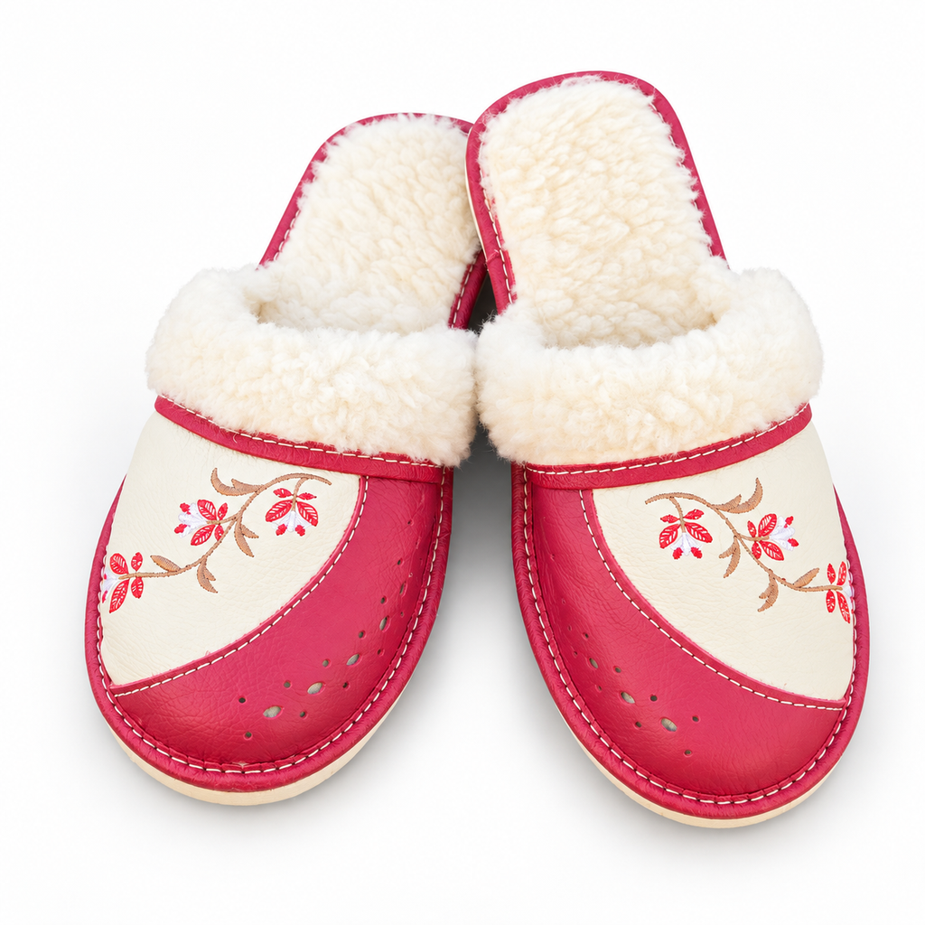 Chausson mouton femme, cuir et laine rouge