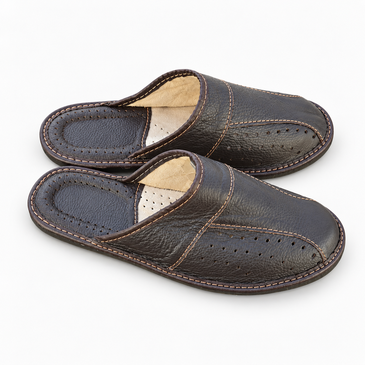 Pantoufles homme cuir marron foncé uni