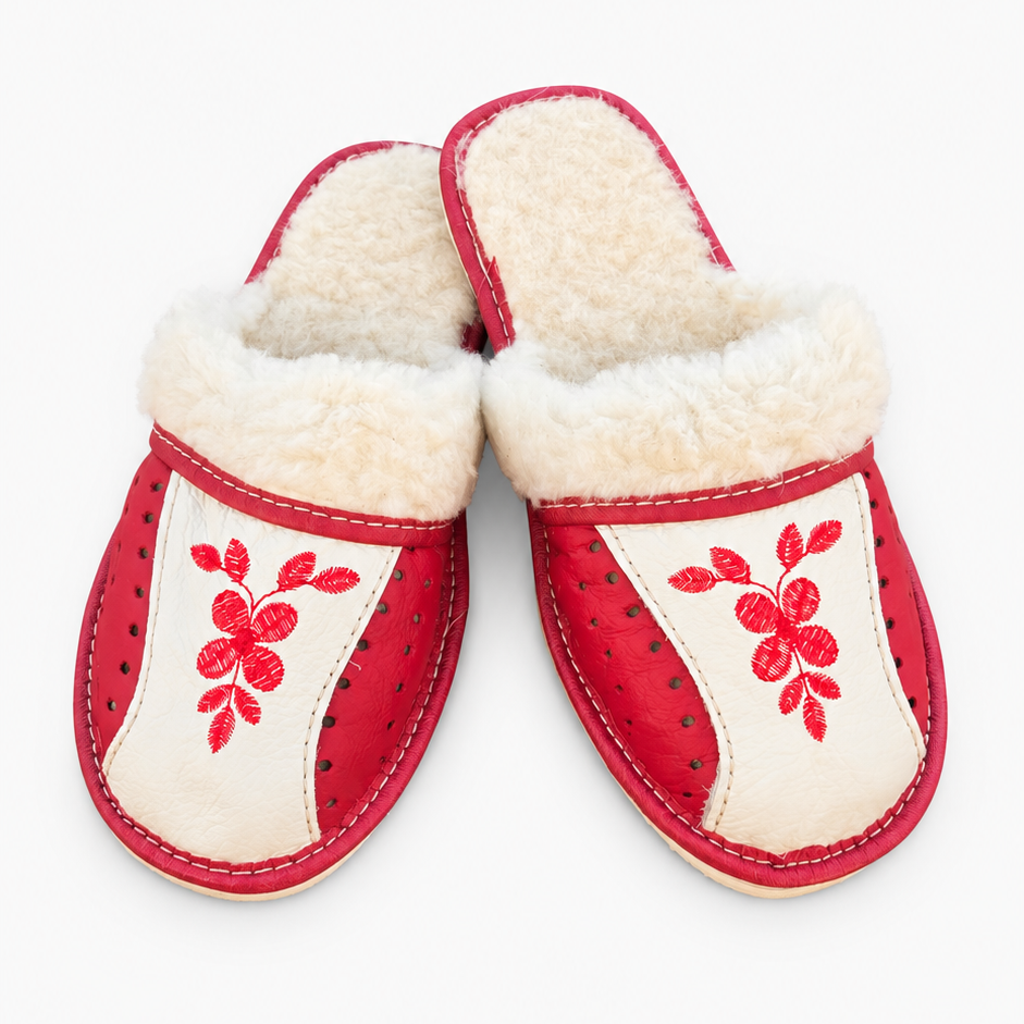 Pantoufles femme hiver en laine de mouton, brodées