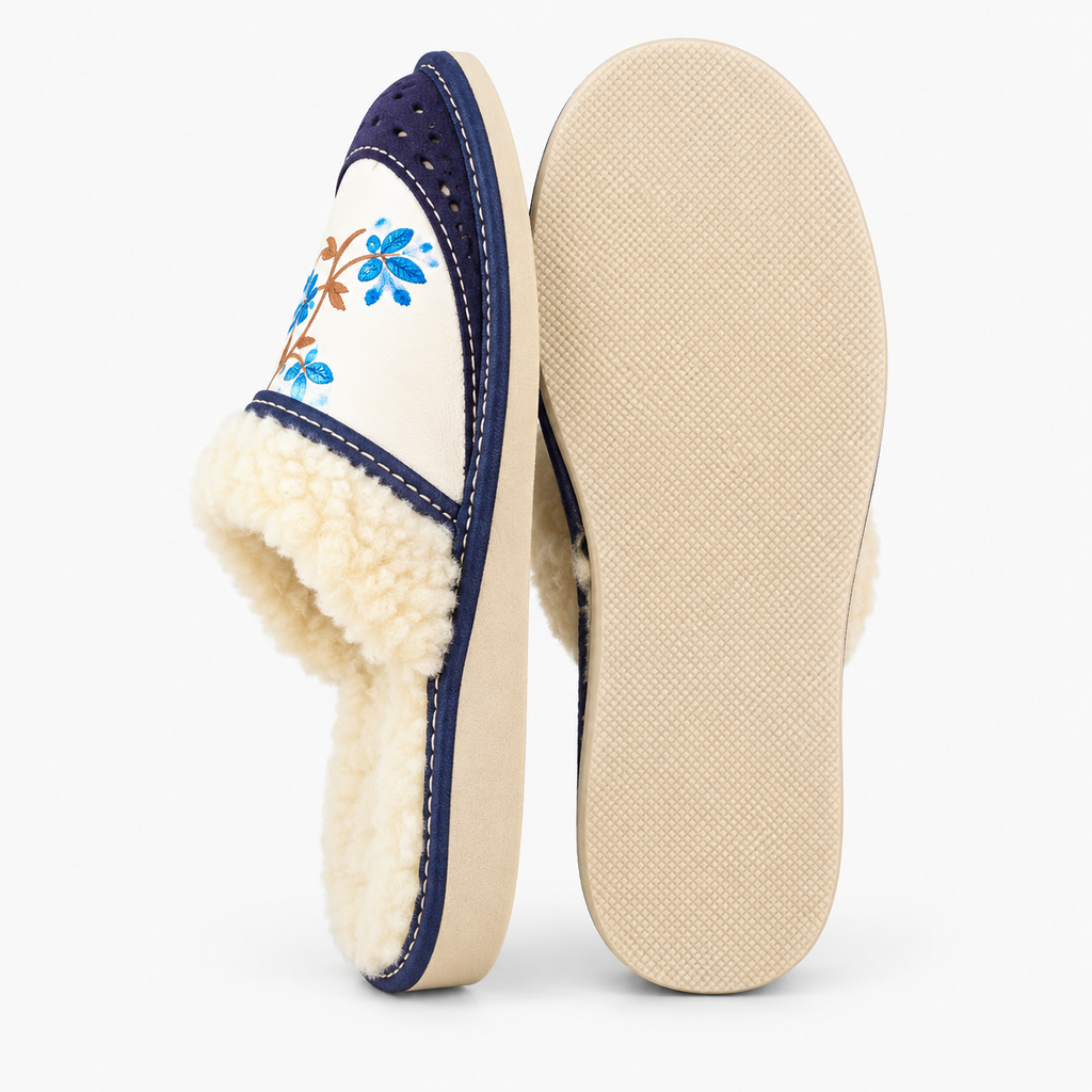 Chaussons en laine de mouton femme, cuir bleu