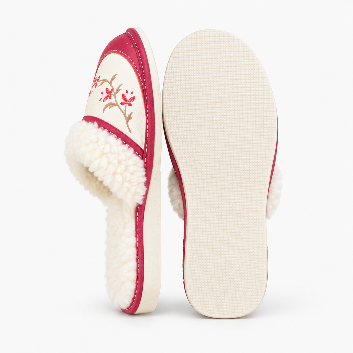 Chausson mouton femme, cuir et laine rouge